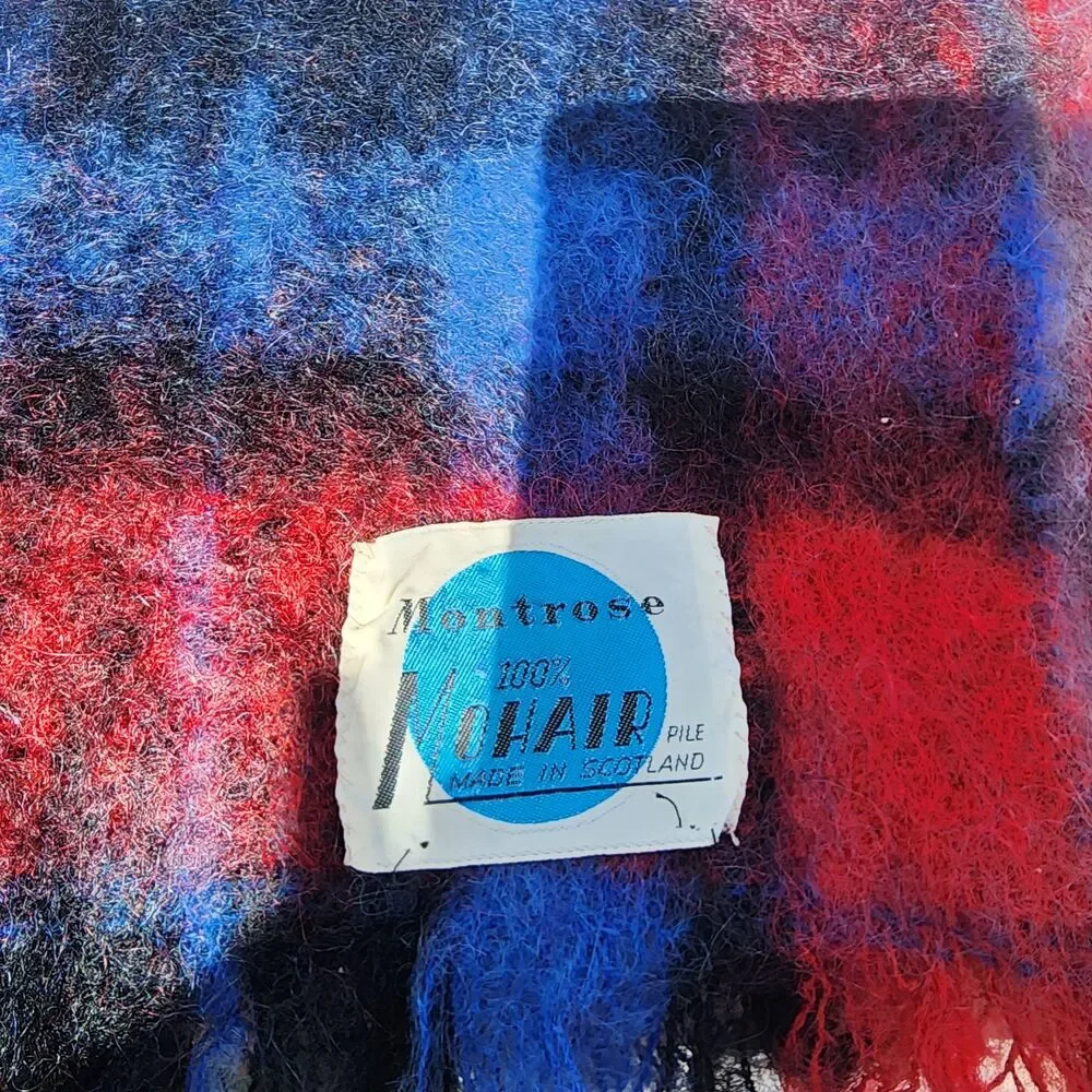 Vintage Montrose 100% Mohair Wool Blanket Red Blue Plaid Scotland 65x45‎